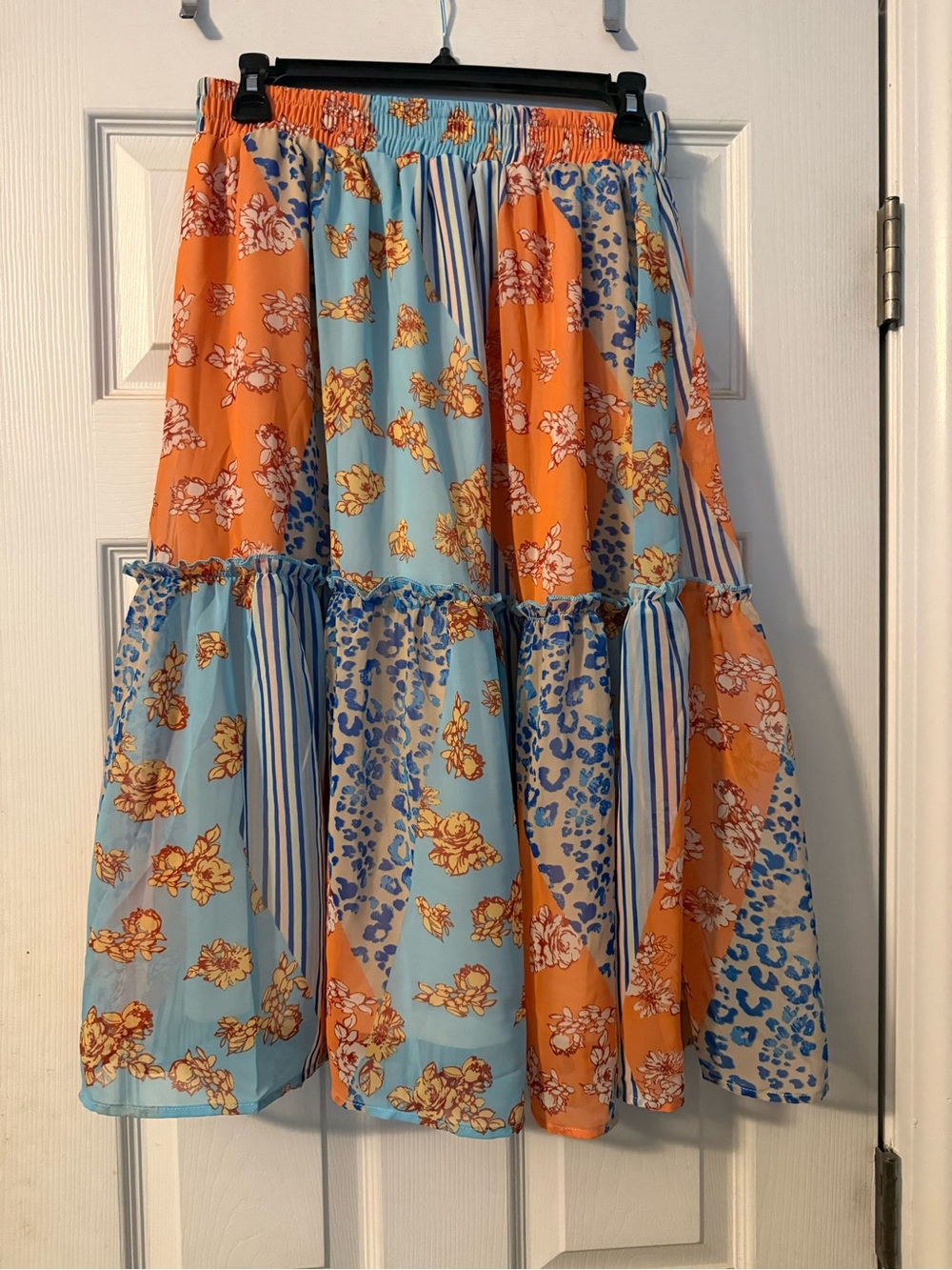 Women's GeeGee Patchwork Floral Tiered Midi Skirt - Orange & Light Blue